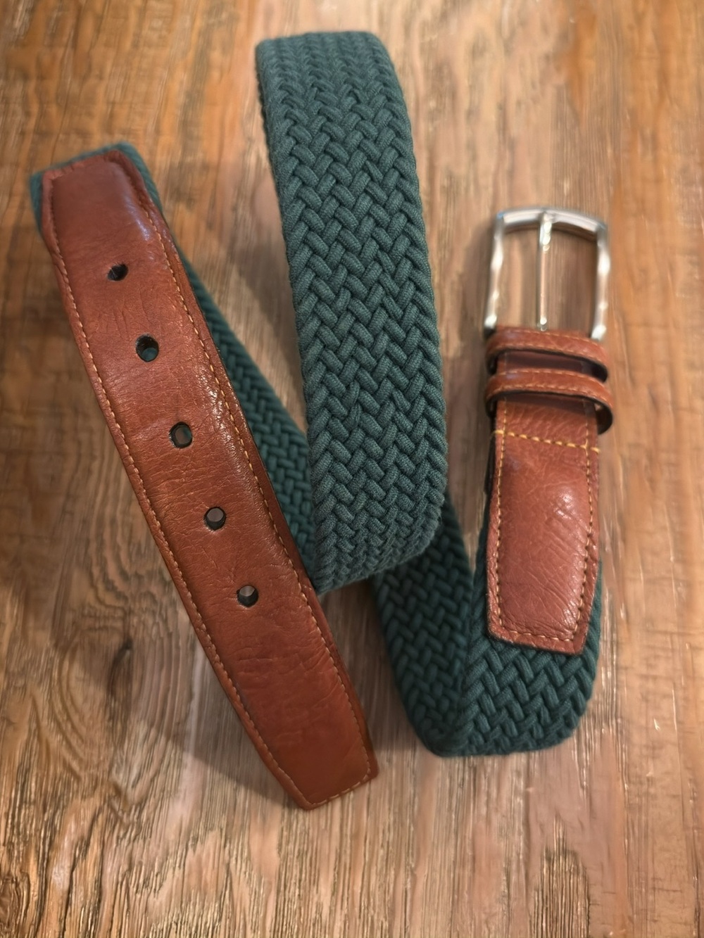 Torino Braided Stretch Belt with Brown Leather Trim - Green